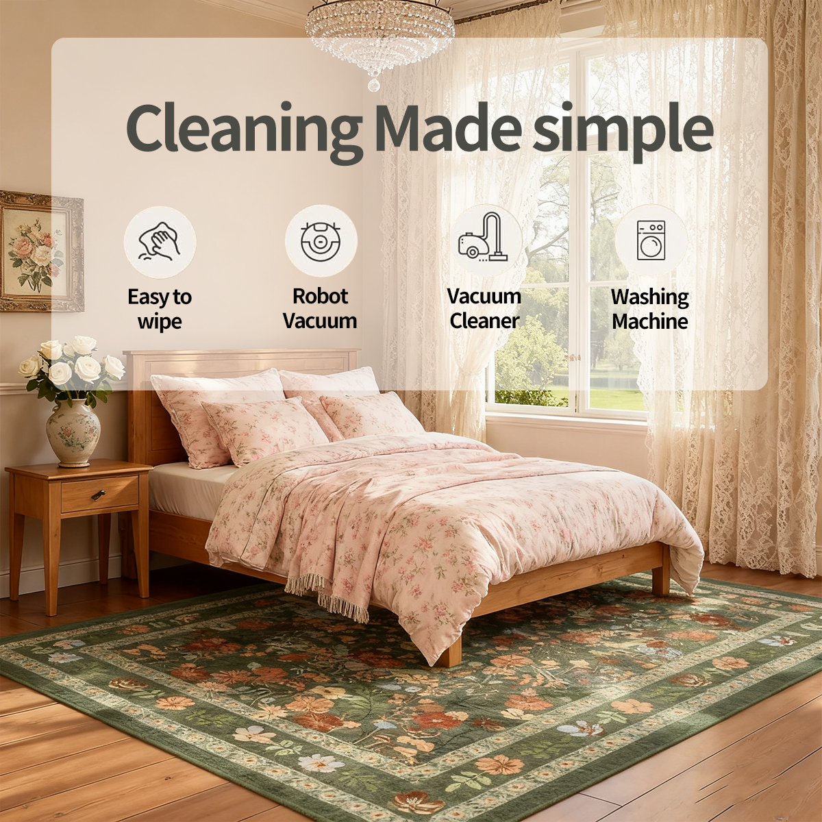 Washable Floral Rug 5'x7', Soft Low-Pile Area Rug, Bohemian Non-Slip Living Room Rug, Green Floral