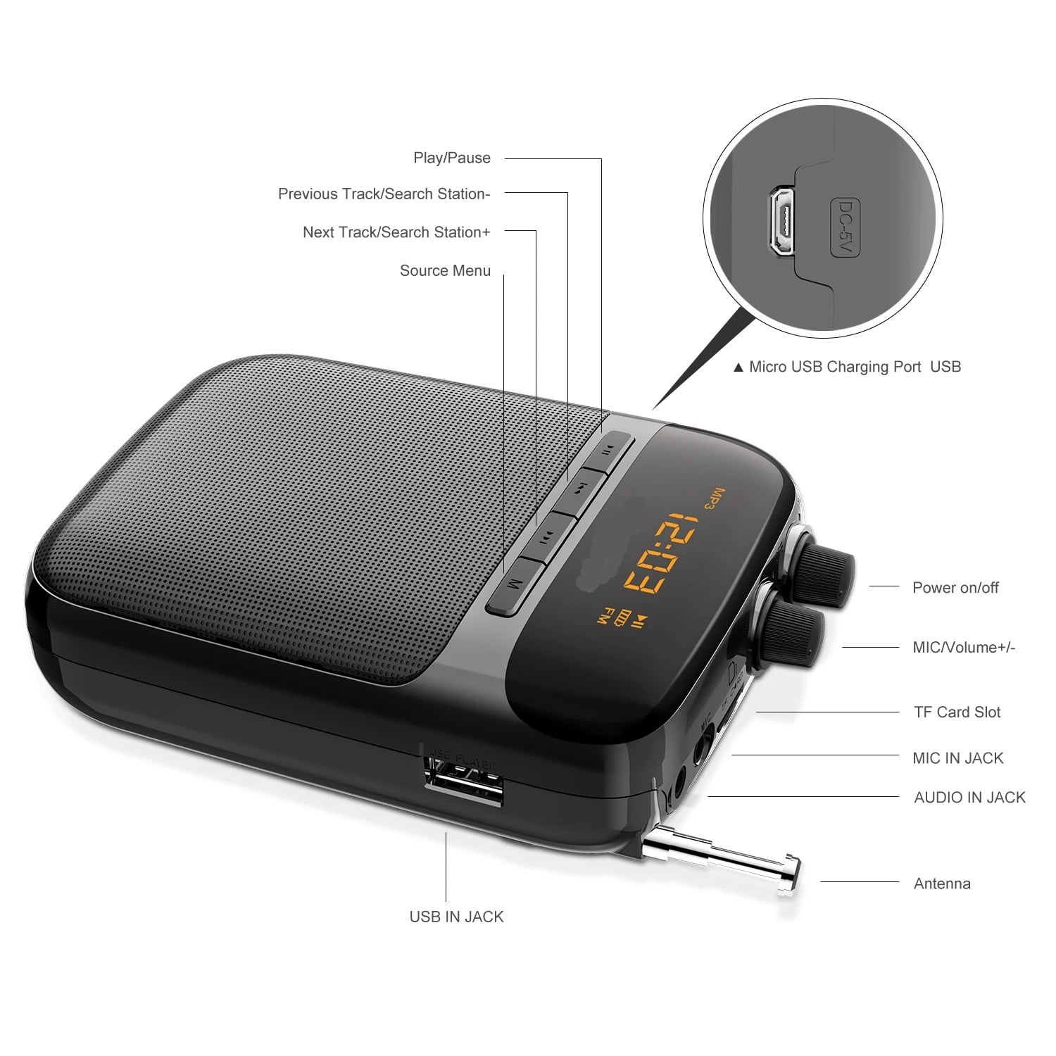 Portable 5W Educational Voice Amplifier FM Radio Recorder Bluetooth Megaphone Play Mp3 Player ,Crystal-Clear Sound