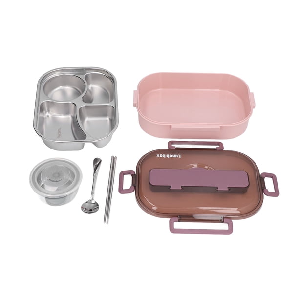 Fiambrera de acero inoxidable para trabajadores de oficina, compartimento para cantimplora para niños, fiambrera aislada (tazón de sopa de cuatro rejillas rosa y morado, lonchera individual)