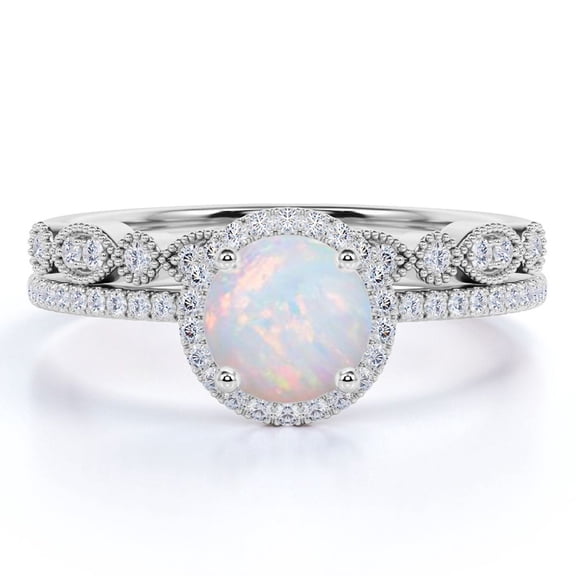 JeenMata 1.75 ct Vintage Round Opal and Moissanite Bridal Ring Set in 18K White Gold over Silver