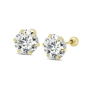 14K Gold CZ Stud Earrings 6 Prong with Secure Backing Posts