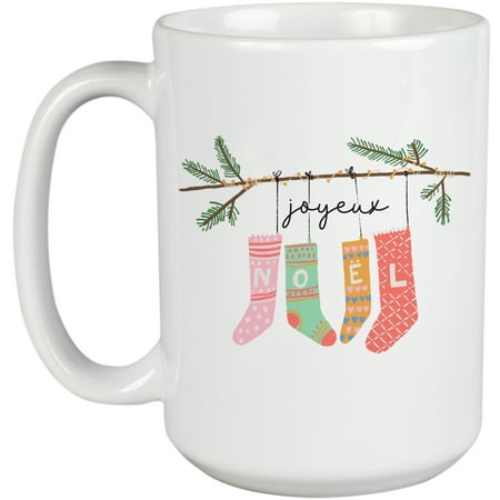 

Joyeux Noel Merry Christmas in French with Stockings Art Merch Gift White 15oz Ceramic Mug