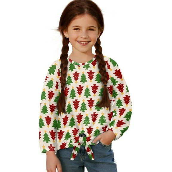 DISNIMO Girls Long Sleeve Tops Christmas Tree Print Girls Lace-up Crew Neck Tee Shirts Loose Fit Pullover Top Fall Winter Outfits Soft Blouse