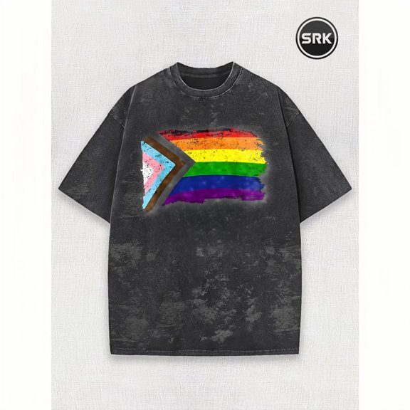 Progress Pride Flag Vintage Oversized Washed High Street Grunge Y2K Short Sleeve Crewneck Cotton Unisex Men's Women's Tee Shirt