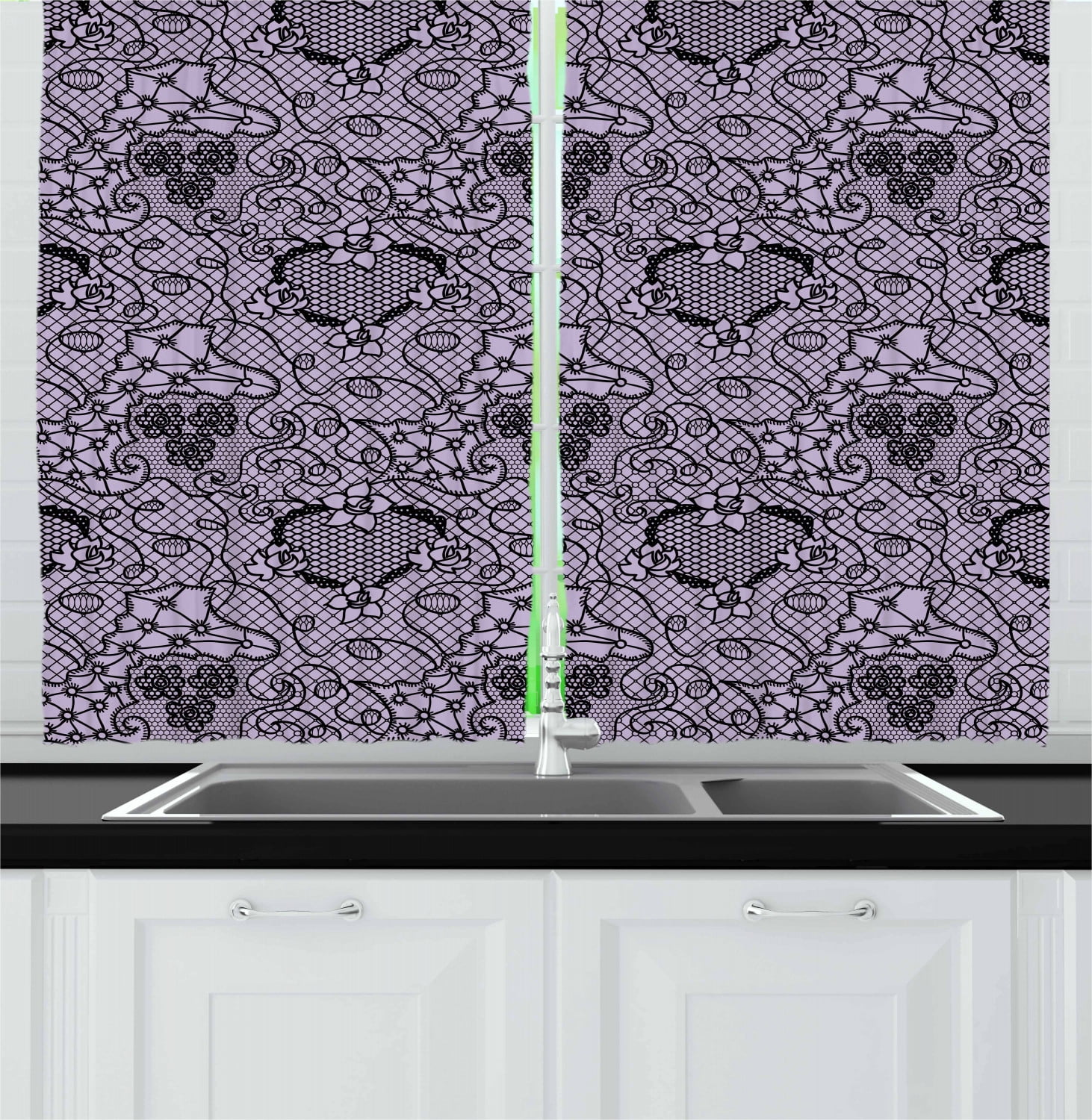 Gothic Curtains 2 Panels Set, Black Lace Style Needlecraft Pattern with