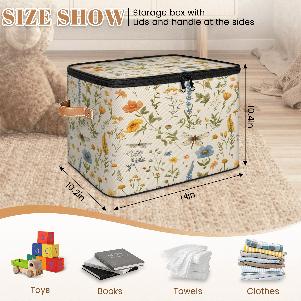 CURLYOOT Watercolor Floral Dragonfly Storage Bin with Zipper Lid, Fabric Decorative Lidded Storage Baskets Boxes, Foldable Organizer Container Basket for Bedroom Closet Shelf