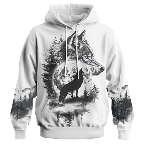 GHUALURU Mens Wolf Graphic Hoodie, White Pullover Sweatshirt, Howling Wolf Moon Forest Wildlife Print, S-4XL,Whlit4,2XL
