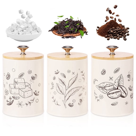 FUYGRCJ 3 Pack Airtight Metal Kitchen Canister Set, 25 OZ Coffee Sugar Tea Container Jars, Airtight Coffee Container, Tea Organizer, Sugar Canister, Kitchen Airtight Food Storage Jar with Wooden Lid