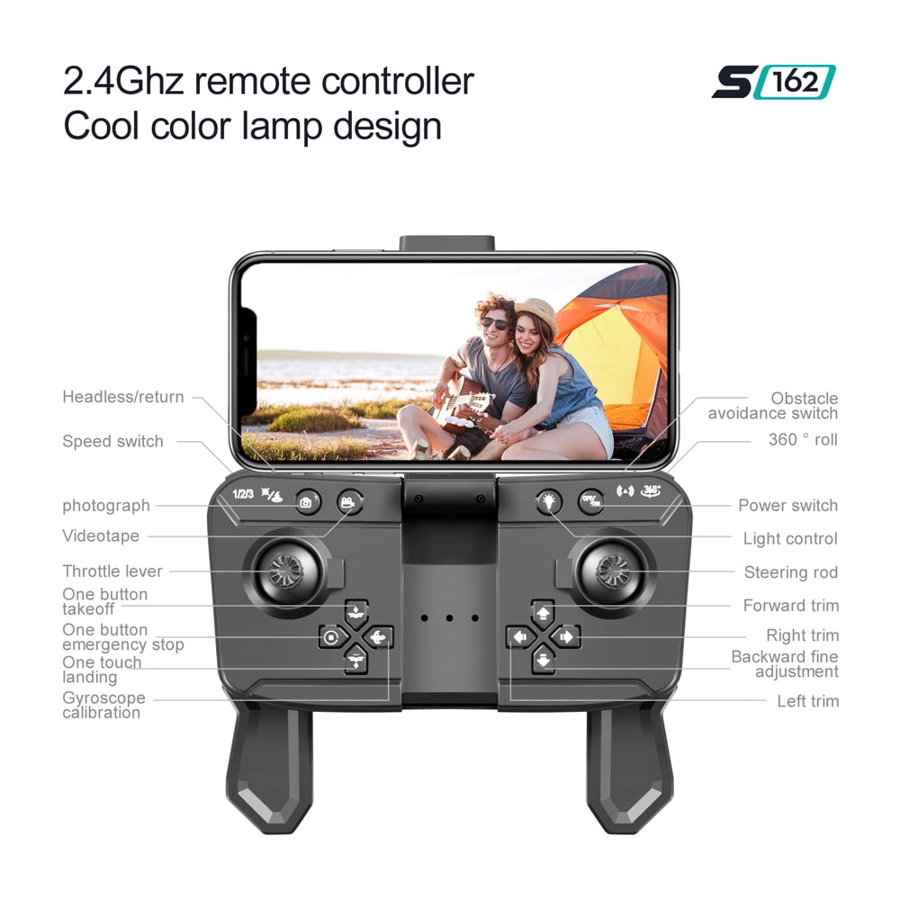 S162 RC Drones,HD Dual Camera , 2.4G WIFI ,FPV Colorful Lighting , 360 Obstacle Avoidance, Folding Quadcopter Remote Control Aircraft Toy, for Adults and Childers, 3 Battery, Black