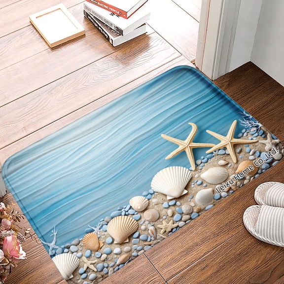 FJPT Non Slip Flannel Floor Mat Kitchen Mat Beach Scene With Starfish And Shells For Bathroom Kitchen Bedroom Decor 24x16 inch