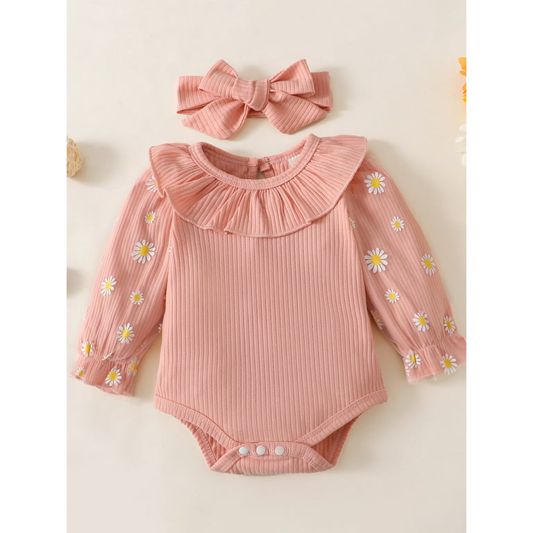 Sunisery Newborn Baby Girl Clothes Set Ribbed Long Sleeve Crewneck Bodysuit  Foral Pants Headband 3Pcs Outfits