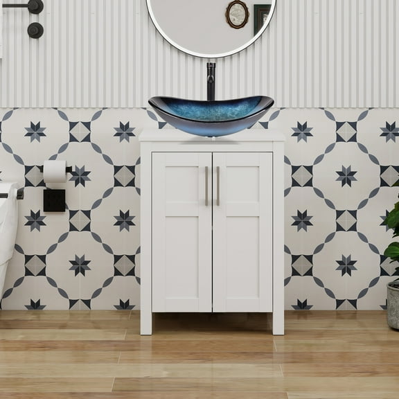 FULLWATT 24 Inches Bathroom Vanity in White Finish with Glass Boat-Shaped Vessel Sink, Single Bathroom Vanity with Top, 2-Door Cabinet