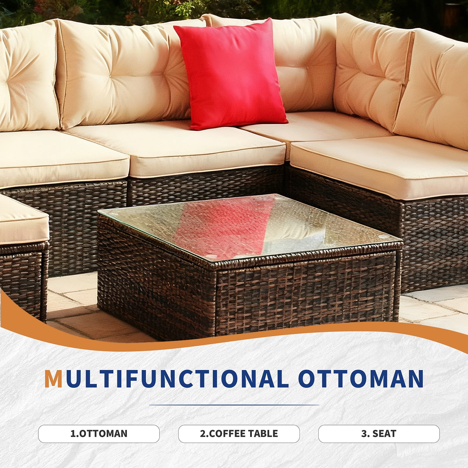 Tappio 7 Pieces Outdoor Patio Furniture Sets, PE Rattan Wicker Patio Conversation Sectional Set with Washable Thick Cushions and Coffee Table, Brown/Beige