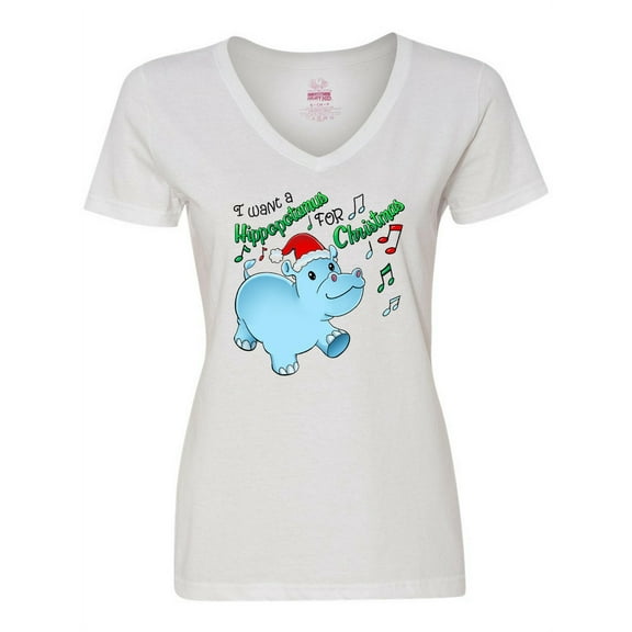 Inktastic I Want a Hippopotamus for Christmas Hippo in Santa Hat Women's V-Neck T-Shirt