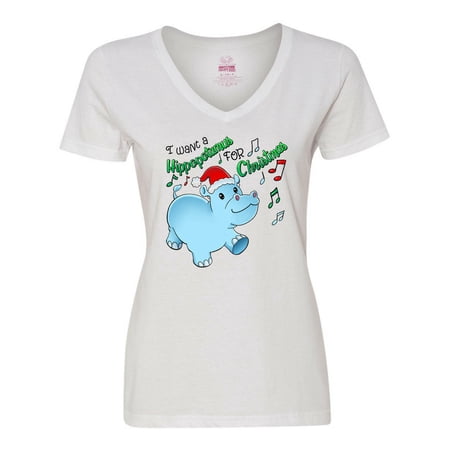 Inktastic I Want a Hippopotamus for Christmas Hippo in Santa Hat Women s V-Neck T-Shirt