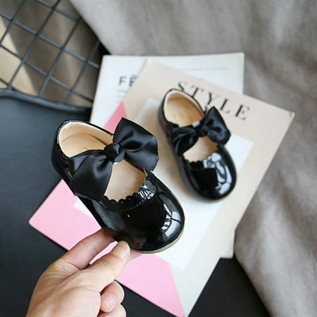 

Bow Solid Color Leather Shoes Baby Girls Shiny Wedding Party Patent Flat Shoes Black 25