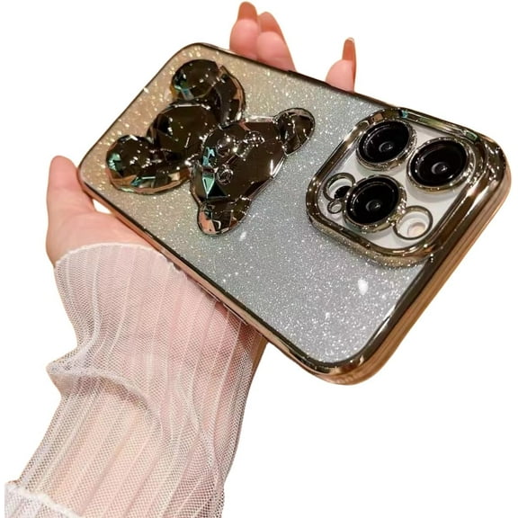 Gradient Electroplating Glitter Phone Case with Bear Hidden Stand, Cute Phone Case, Simple and Cool for iPhone 1514 13 12 11 Pro Max XS XR X Phone Case (Gold,iPhone X/XS)