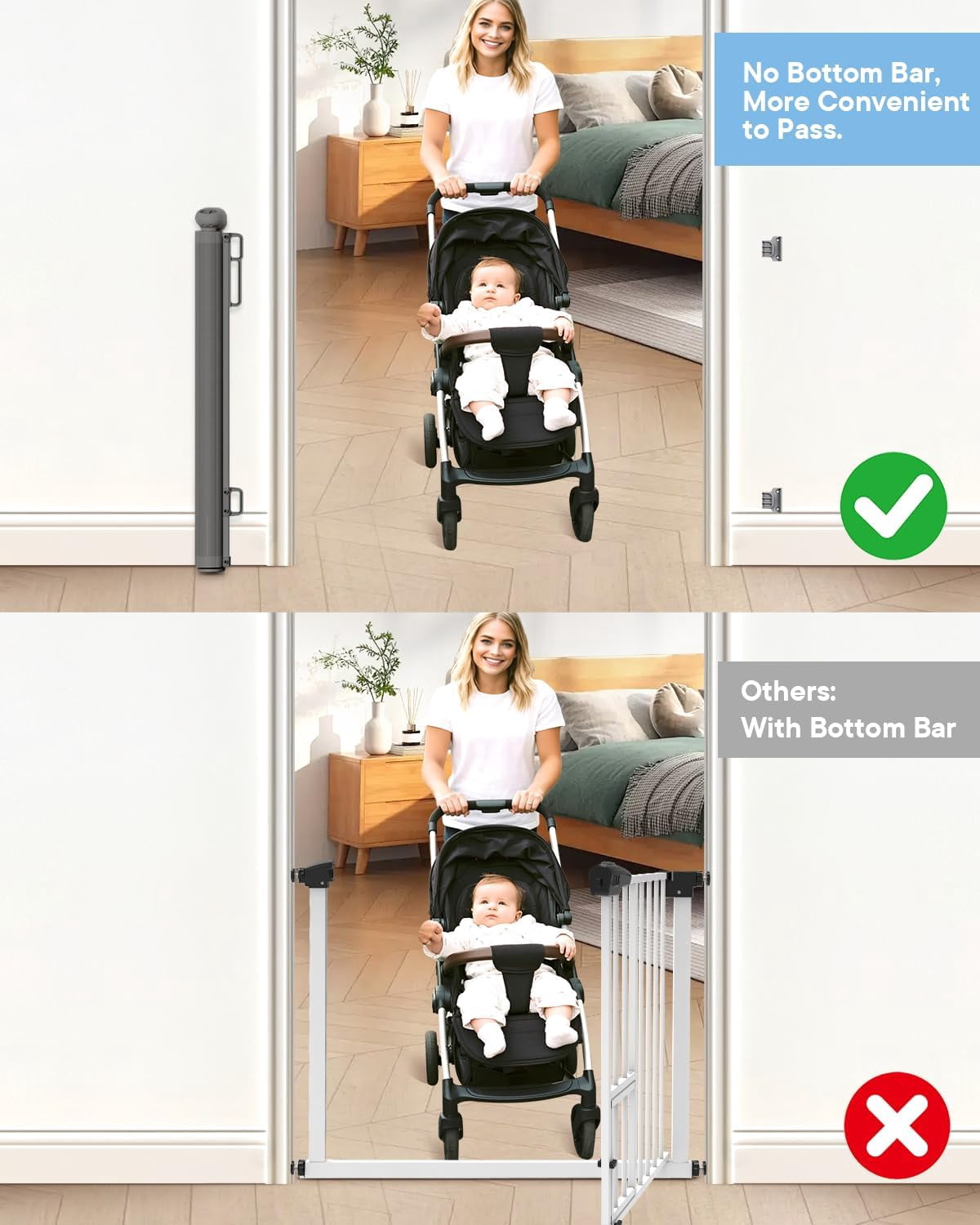 UniVerse Retractable Baby Gate, for Stairs 55" Wide Mesh Dog Gate Indoor, Two-Step Safety Lock, 34" Tall Child Gate for Doorways, Hallways, Deck, Indoor Outdoor Garage Gray