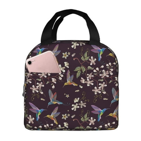 Insulated Lunch Bag for Women Men - Hummingbird Floral Print Black Leakproof Cooler Lunch Box for Women Men  Lunch Tote Bags for Work School Picnic Travel