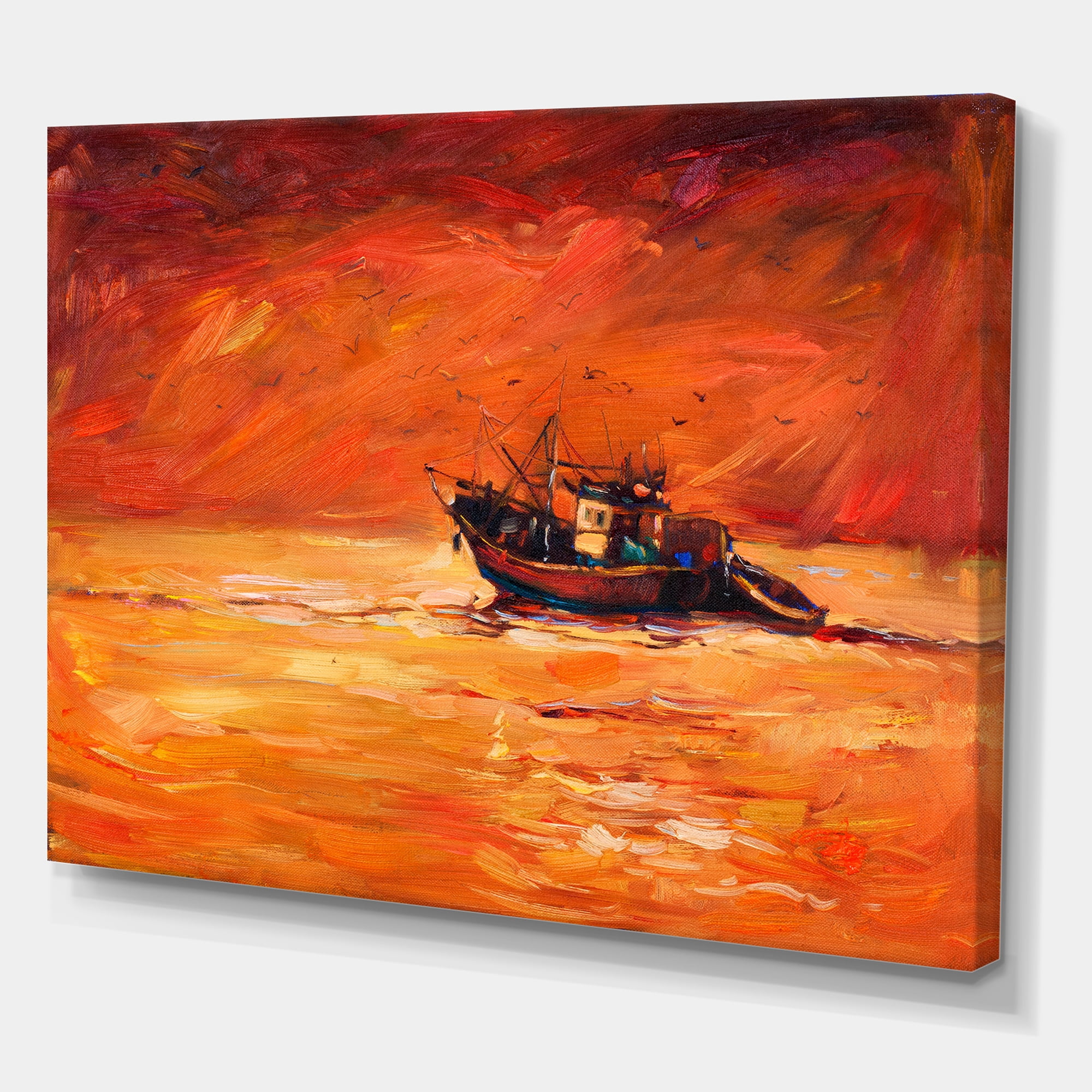 Designart ' Fishing Boat During Red Evening Glow ' Nautical & Coastal Canvas Wall Art Print