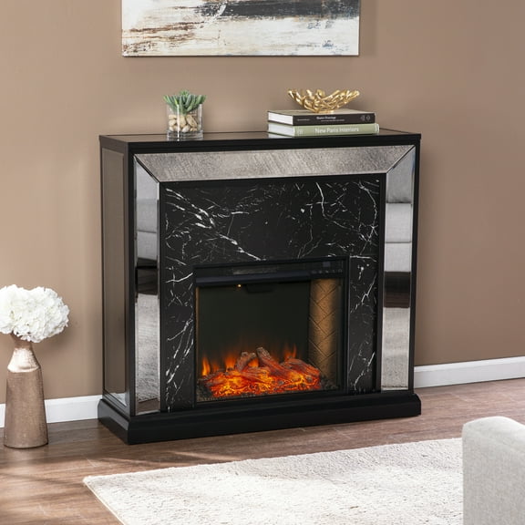 SEI Trandling Mirrored Faux Marble Criss Cross Fireplace, Black