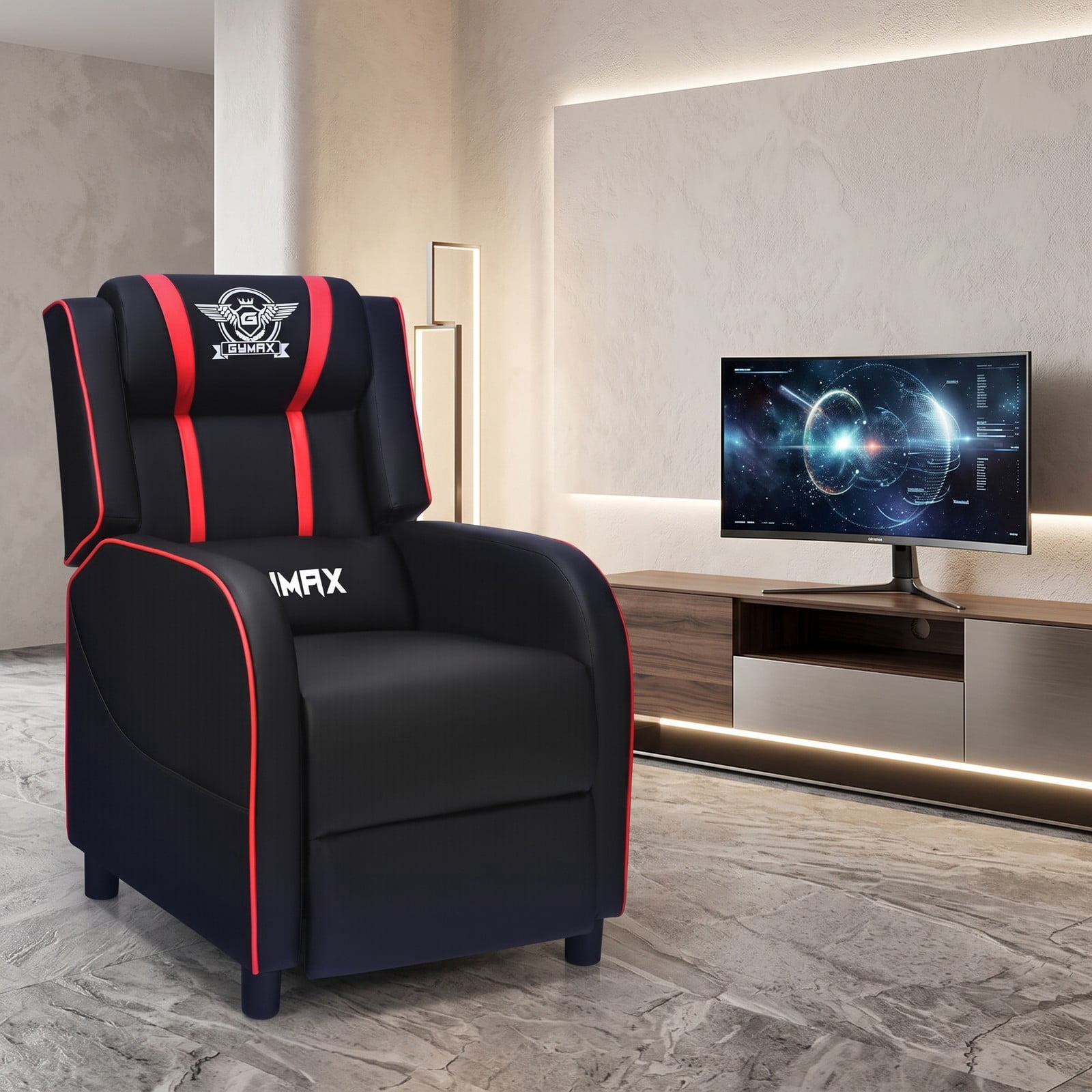 Furnibear Massage Gaming Recliner Chair, Ergonomic PU Leather Racing Style Reclining Sofa with Footrest, Lumbar Massage, Headrest Pillow and Remote for Home, Red
