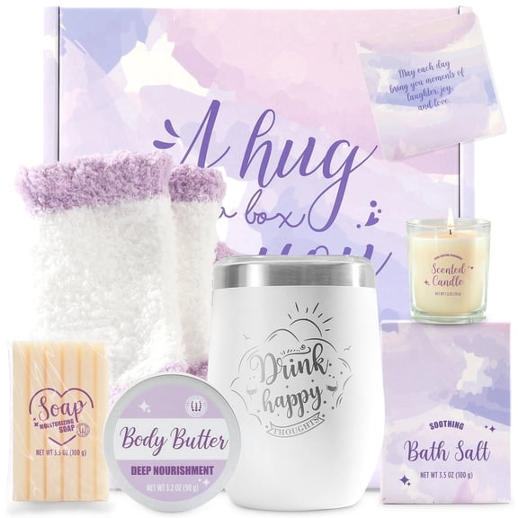 Spa Gift Sets for Women, 9 Pcs Lavender Bath Set Relaxing Valentines Day Birthday Gifts Baskets with Stainless Steel Tumbler