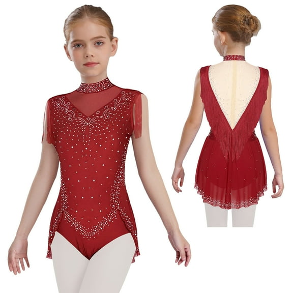Sholeno Gymnastic Bodysuit for Girls Figure Skating Jumpsuit Sparkly Rhinestone Fringed Dance Leotard 6-16T Burgundy 6