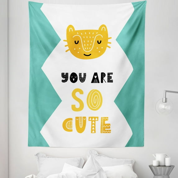 Blue Cat Tapestry, Funny Typographic Art Kitty with Happy Smiling Face Lettering Cartoon Style, Fabric Wall Hanging Decor for Bedroom Living Room Dorm, 5 Sizes, Multicolor, by Ambesonne