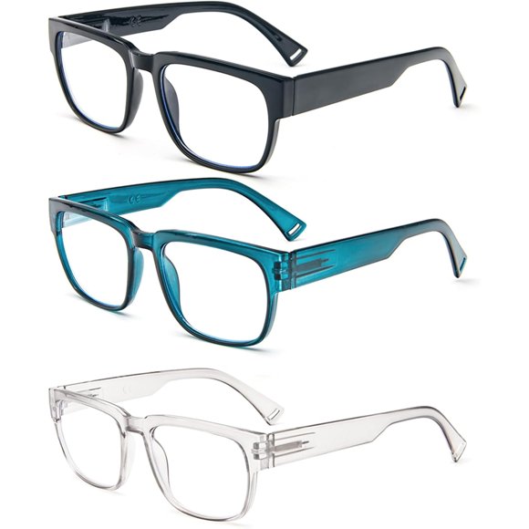 KoKoBin 3 Pack Retro Oversized Square Reading Glasses for Women Man, Blue Light Blocking Readers with Spring Hinge