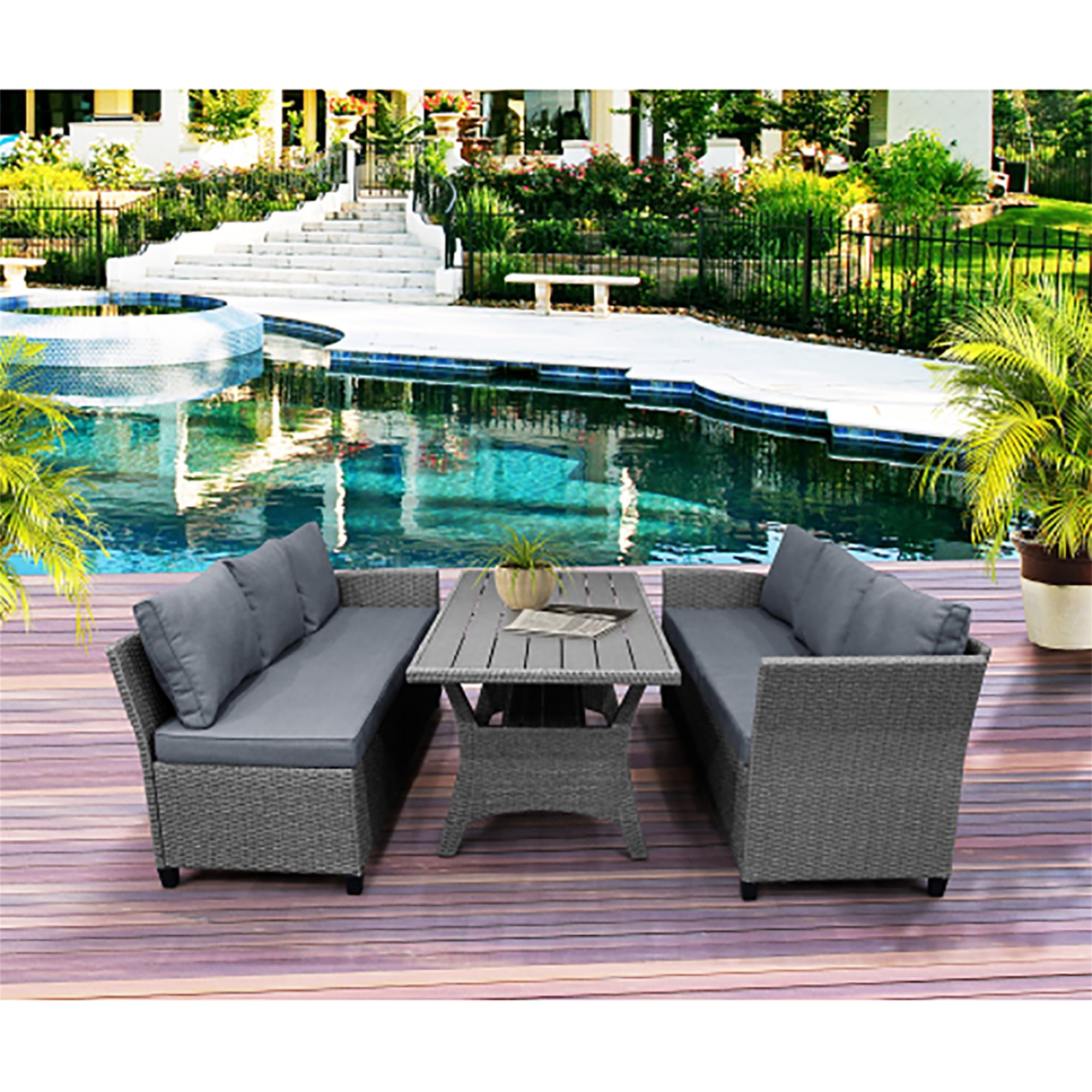 Kadyn Sectional Sofa, Patio Outdoor Furniture L Shape Sofa, Conversation Set All Weather Sectional Sofa Set with Table and Cushions, Gray Kadyn Sectional Sofa, Patio Outdoor Furniture L Shape Sofa, Conversation Set All Weather Sectional Sofa Set with Table and Cushions, Gray