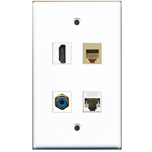 RiteAV - 1 Port HDMI 1 Port RCA Blue 1 Port Phone RJ11 RJ12 Beige 1 Port Cat5e Ethernet White Wall Plate