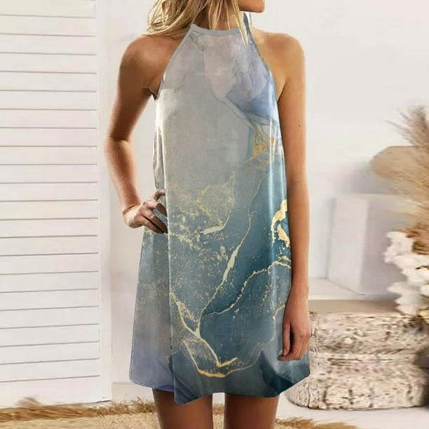 Homely Womens Summer Dresses Women s Shift Dress Short Mini Dress Sleeveless Striped Color Gradient Backless Cold Shoulder Print Spring Summer Halter