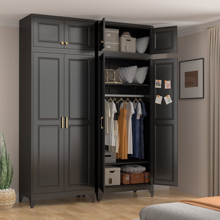 black armoire dresser Sebree 71-Inch High Armoire Wardrobe Closet with Four Doors, Two Drawe –  TUHOMEFURNITURE