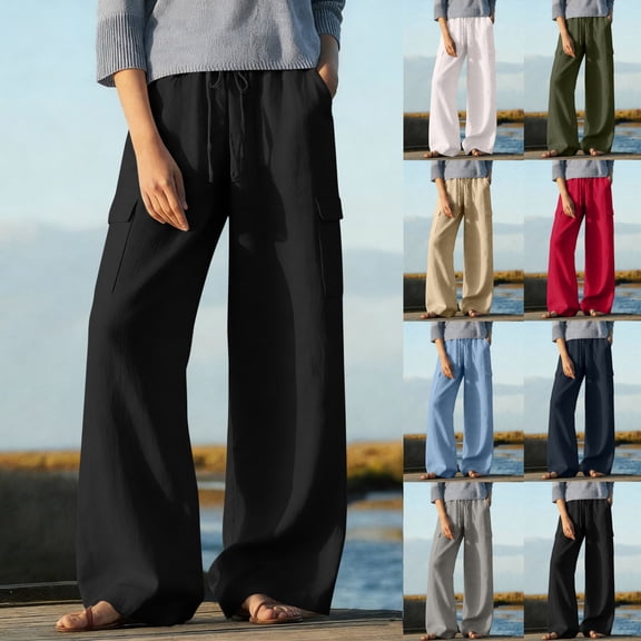 Womens Cargo Pants Linen Womens Wide Leg Pants Spring And Summer Solid-Color Stretched-Waist Casual Straight Pants Black-S