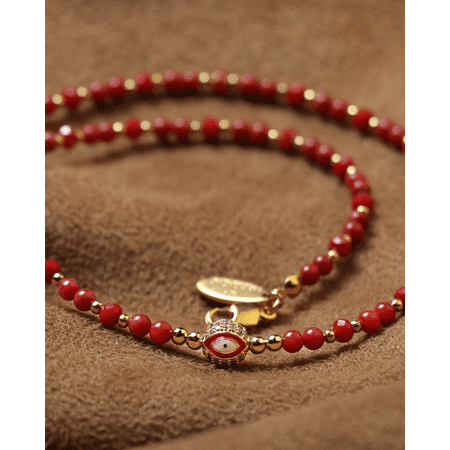 Vernazza Choker Necklace in Coral Gold-Plated White Zirconia Encrusted Red Nazar Charm Matte Red Crystals and Gold-Plated Beads
