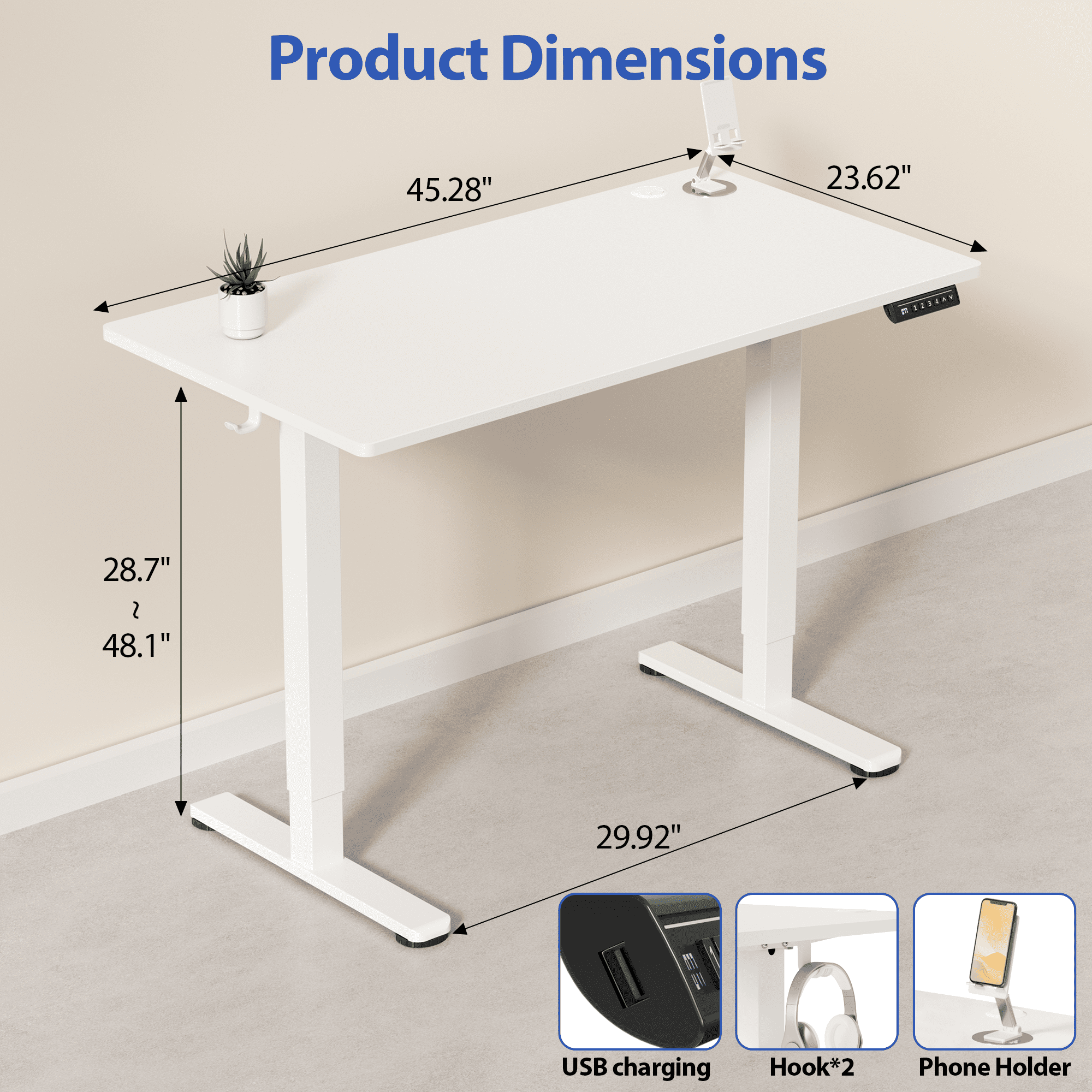 Lacoo 45" x 24" Sit to Stand Desk Height Adjustable Standing Desk Electric Stand up Table with Phone Stand, White
