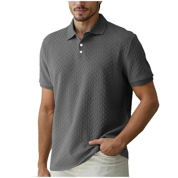 hoksml Man Waffle Polos Solid Color Collared Button Stretchy Short Sleeve Casual Loose Turndown Collar Blouse T Shirt Summer Comfortable Breathable Top Elastic Cuffs 2025 on Clearance