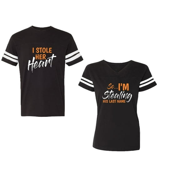 I Stole Her Heart So I am Stealing His Last name Unisex Couple Matching Cotton Jersey style T-Shirt Contrasting stripes on sleeves (Men Black / Women Black) (Men S / Women S)