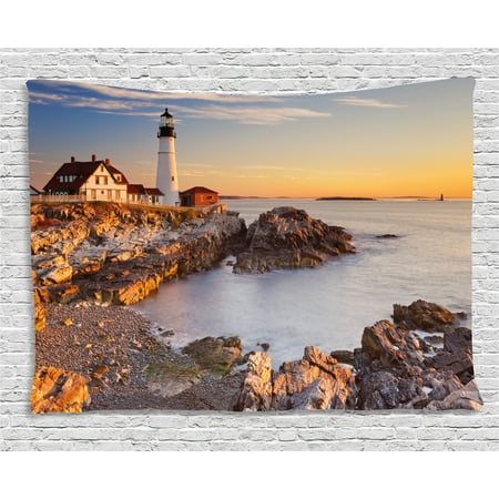 East Coast Lighthouses - United States Tapestry, Cape Elizabeth Maine River Portland Lighthouse Sunrise USA Coast Scenery, Wall Hanging for Bedroom Living Room Dorm Decor, 80W X 60L Inches, Light Blue Tan, by Ambesonne