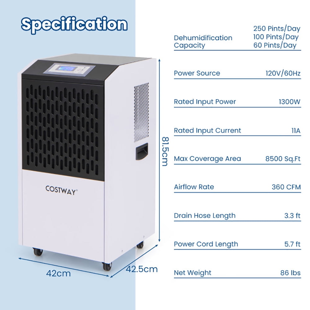 Resenkos Smart Dehumidifier, Humidity Control,250 Pints Commercial Dehumidifier with Drain Hose Large Spaces up to 8500 Sq.Ft-White