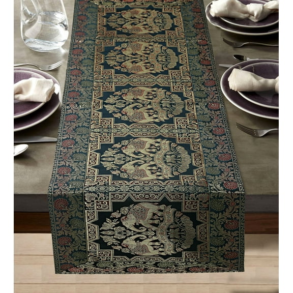 DK Homewares Ethnic Christmas Gift Home Decorative Brocade Table Runner Green Gold 60 Inches Long Jacquard Elephant 5 Foot Centerpiece ( 150 X 40 Cm )