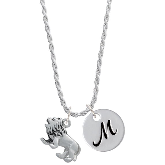 Delight Jewelry Silvertone 3-D Lion Silvertone Script Initial Disc - M - Charm Necklace, 20"+3"