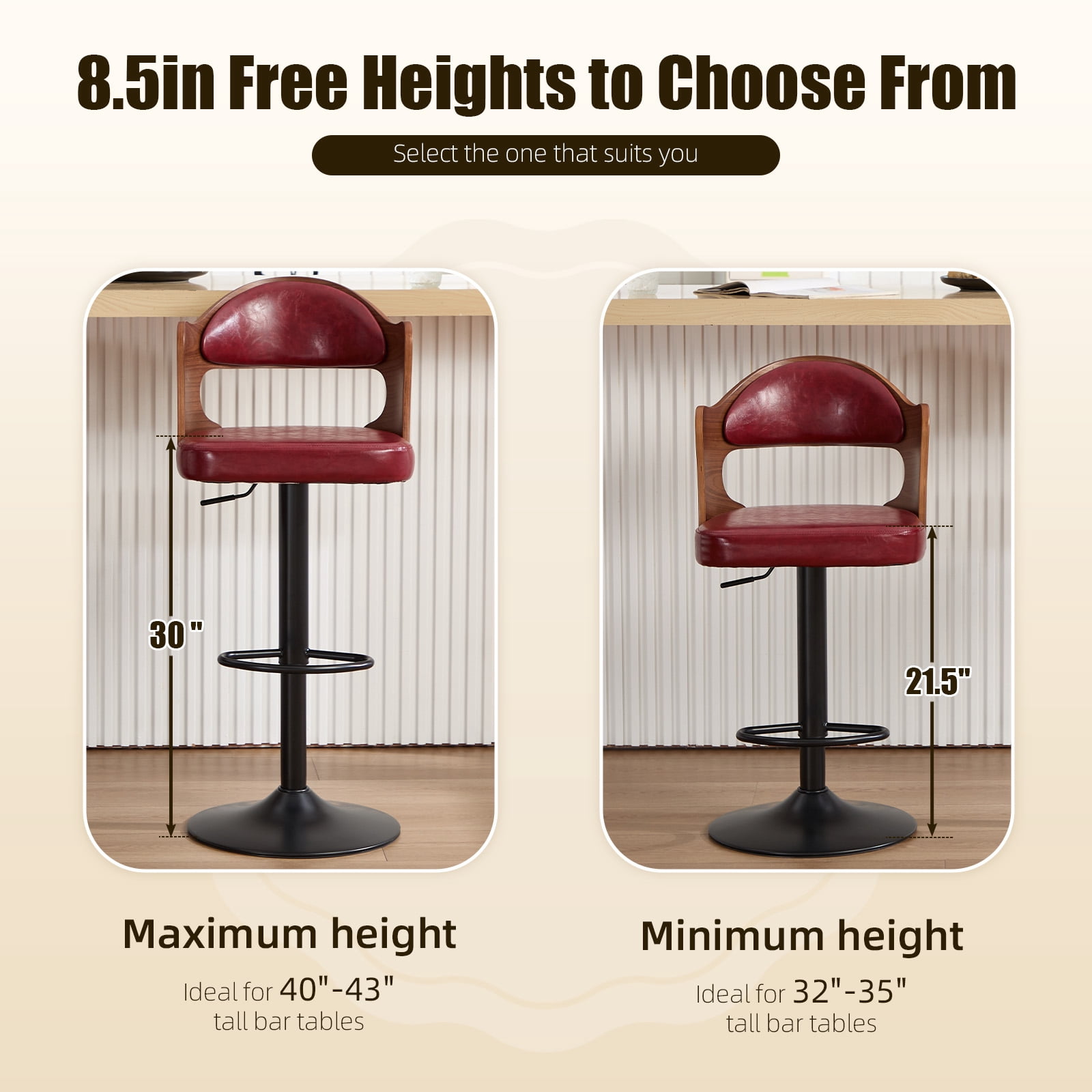 MOONMISS Swivel Bar Stools Set of 2, Wooden Kitchen Bar Chairs with Back, PU Leather Counter Height Barstools for Kitchen Island,Wine Red