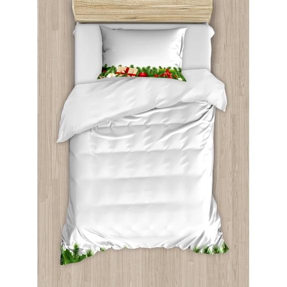 Christmas Duvet Cover Set Twin Size, Celebration Borders Fir Tree Classic Garland Gingerbread Man Lollipops Presents, Decorative 2 Piece Bedding Set with 1 Pillow Sham, Multicolor, by Ambesonne