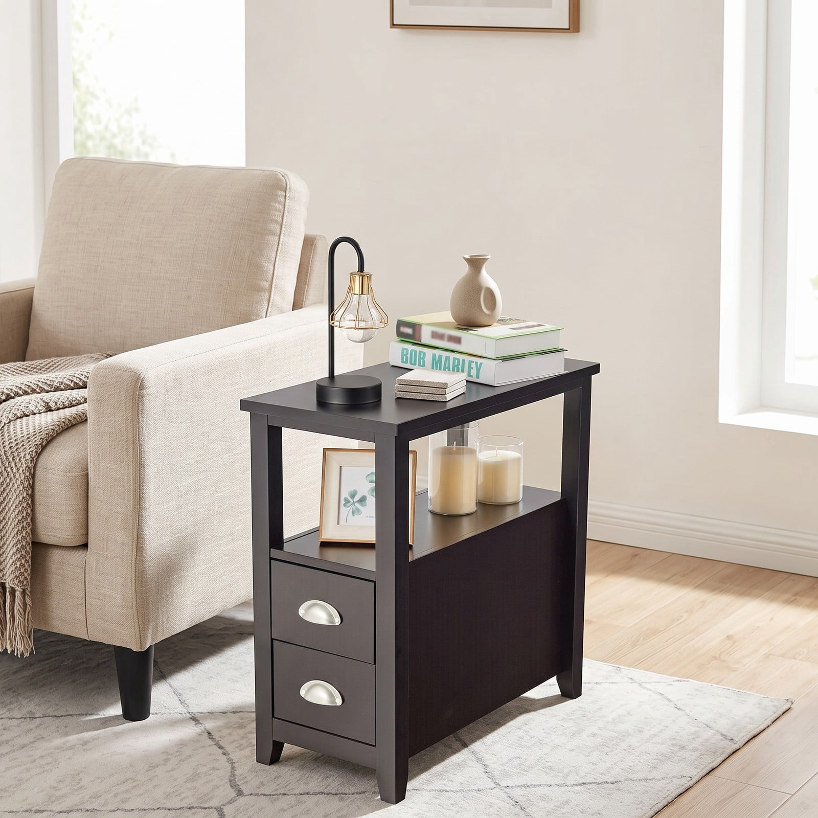 Furnibear Narrow Nightstand with 2 Drawers and Open Shelf Wooden Bedside End Table for Bedroom and Living Room, Dark Brown