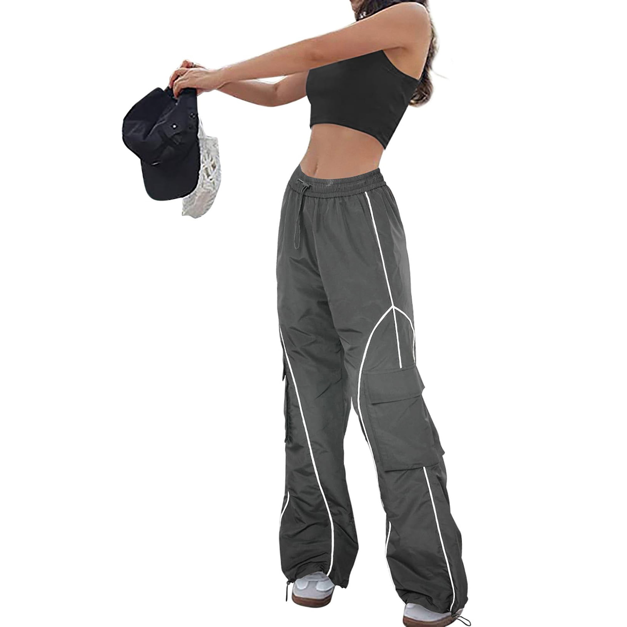 allshope Women Loose Cargo Pants Casual Solid Color Elastic Waist  Drawstring Sweatpants with Pockets for Streetwear 