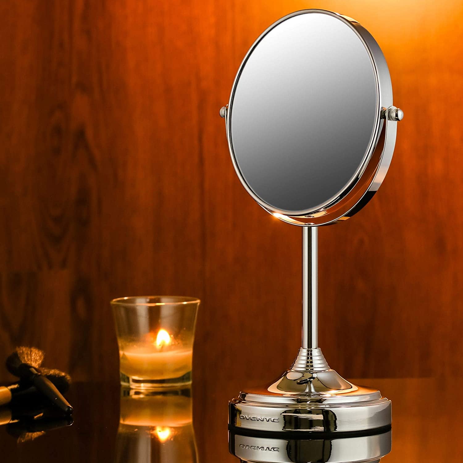 Ovente 7" Tabletop Round Makeup Mirror with Stand, 1X & 7X Magnifier, Polished Chrome MNLCT70CH1X7X