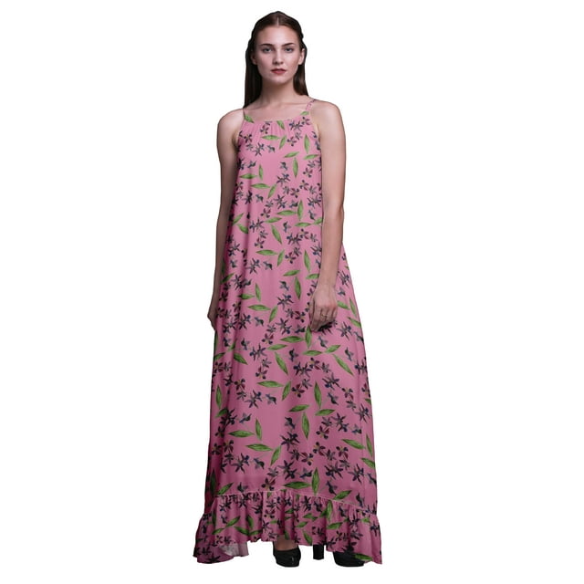 Bimba Chemise de Nuit Imprimée Fleurs et Feuilles Aquarelle Rose Clair pour Femmes Robe Maxi à Bretelles Spaghetti Grande Taille