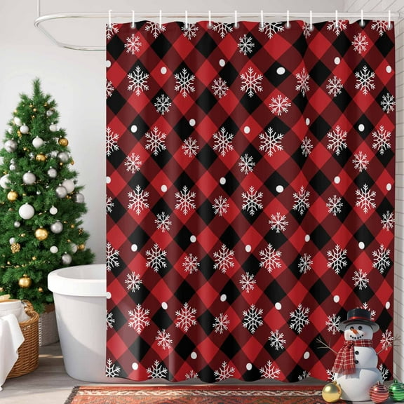 Winter Snowflakes Shower Curtain, 36" x 72", Christmas Snowing Red Black Plaid Modern Waterproof Bathroom Curtain Washable Shower Curtain Set with 12 Hooks